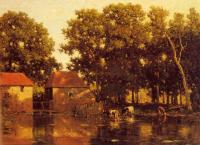 Roelofs, Willem - A Sunlit River Landscape With Cows Watering